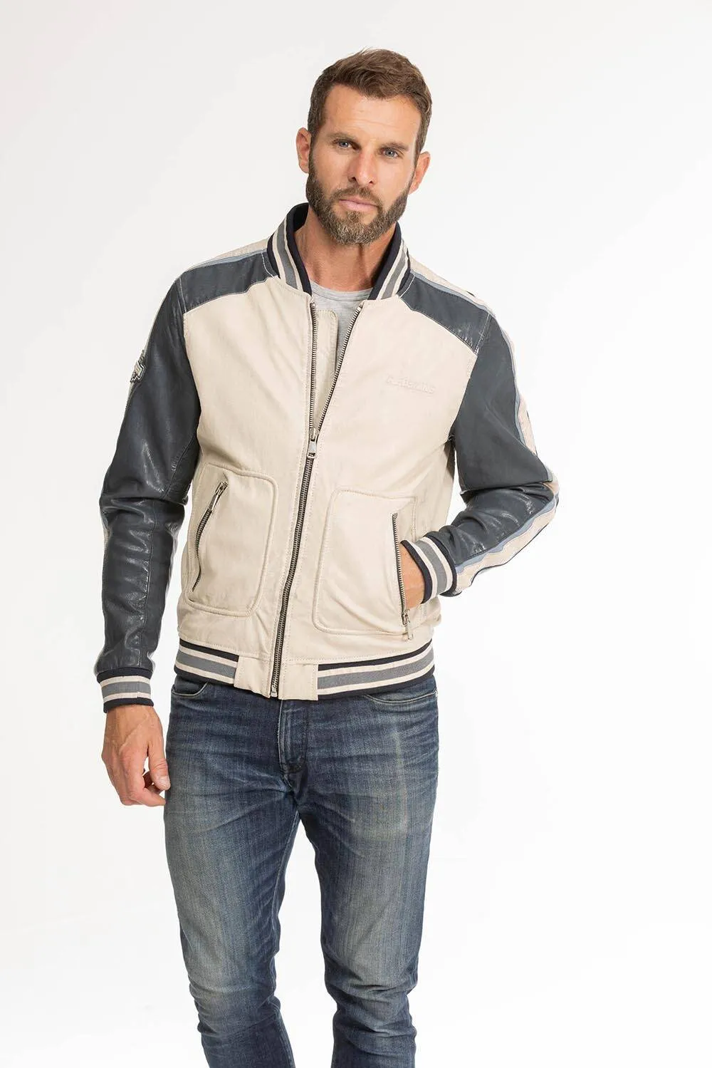 Men's beige/navy redskins fray teddy style leather jacket