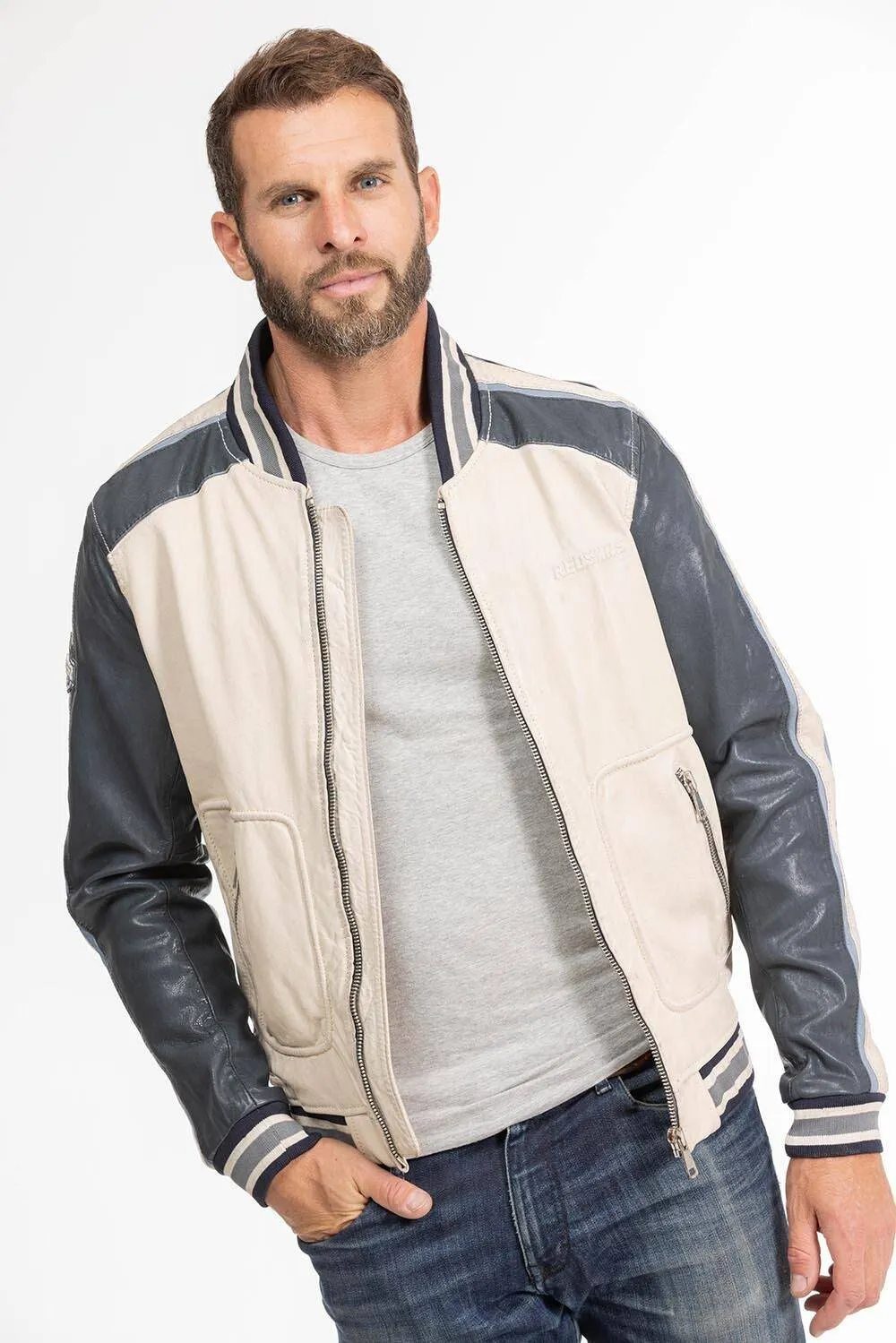 Men's beige/navy redskins fray teddy style leather jacket