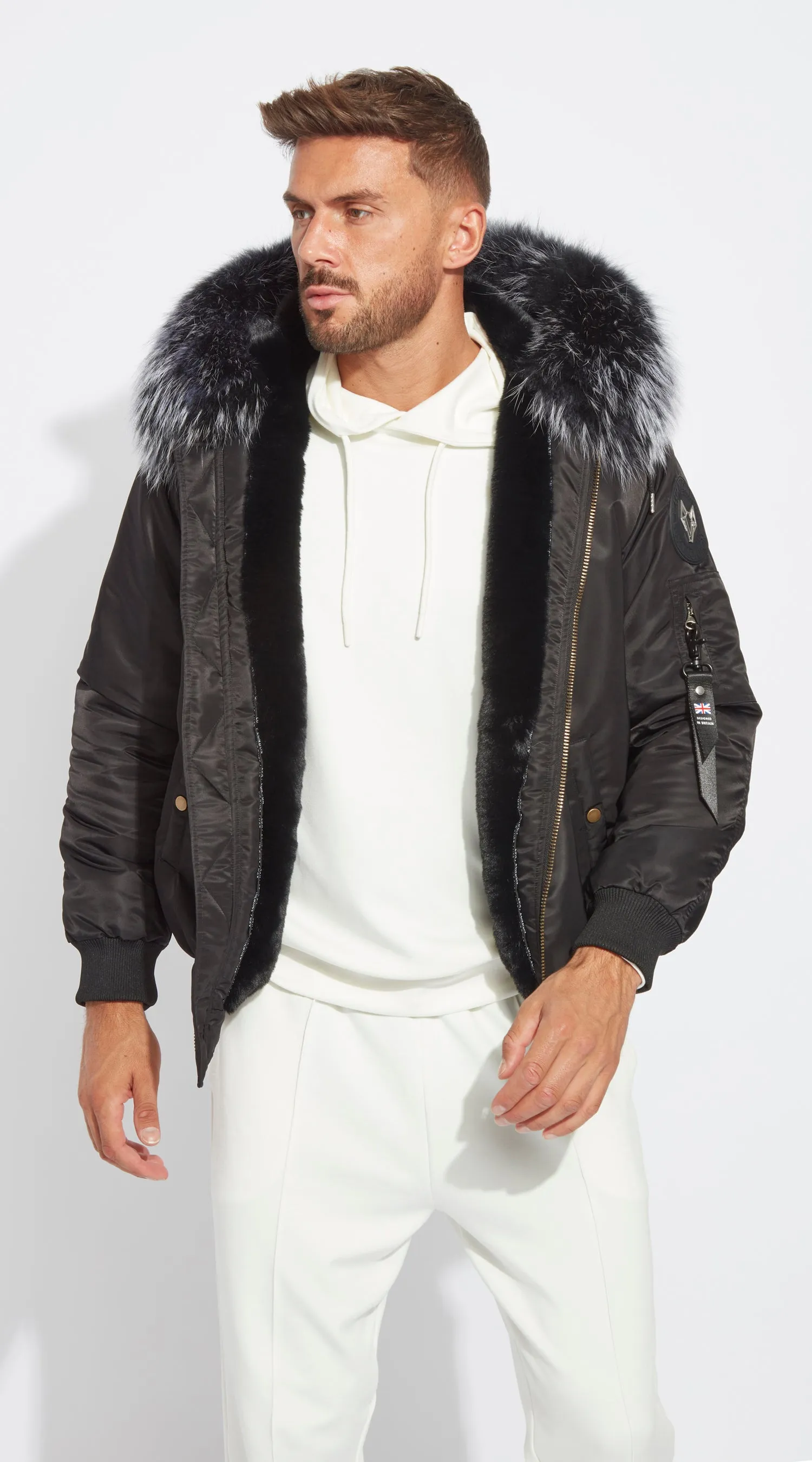 Mens Black Luxy Fur Bomber - Black Mist