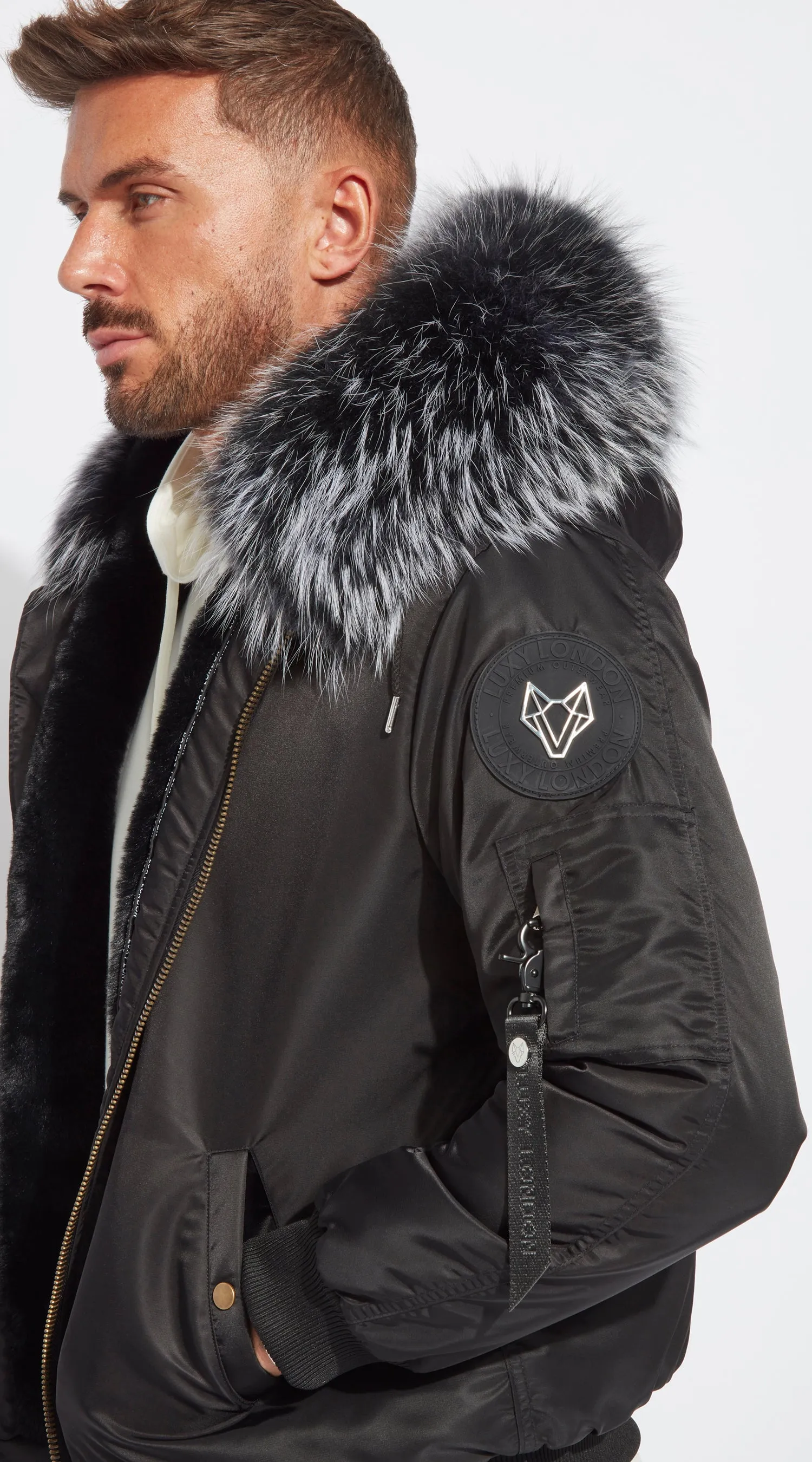 Mens Black Luxy Fur Bomber - Black Mist