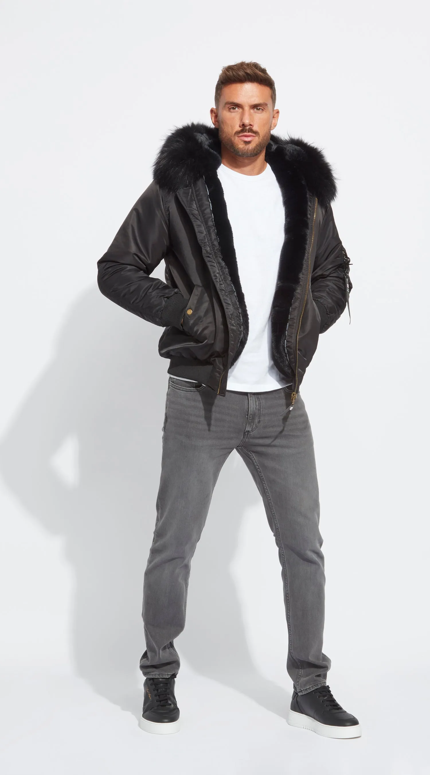 Mens Black Luxy Fur Bomber - Black