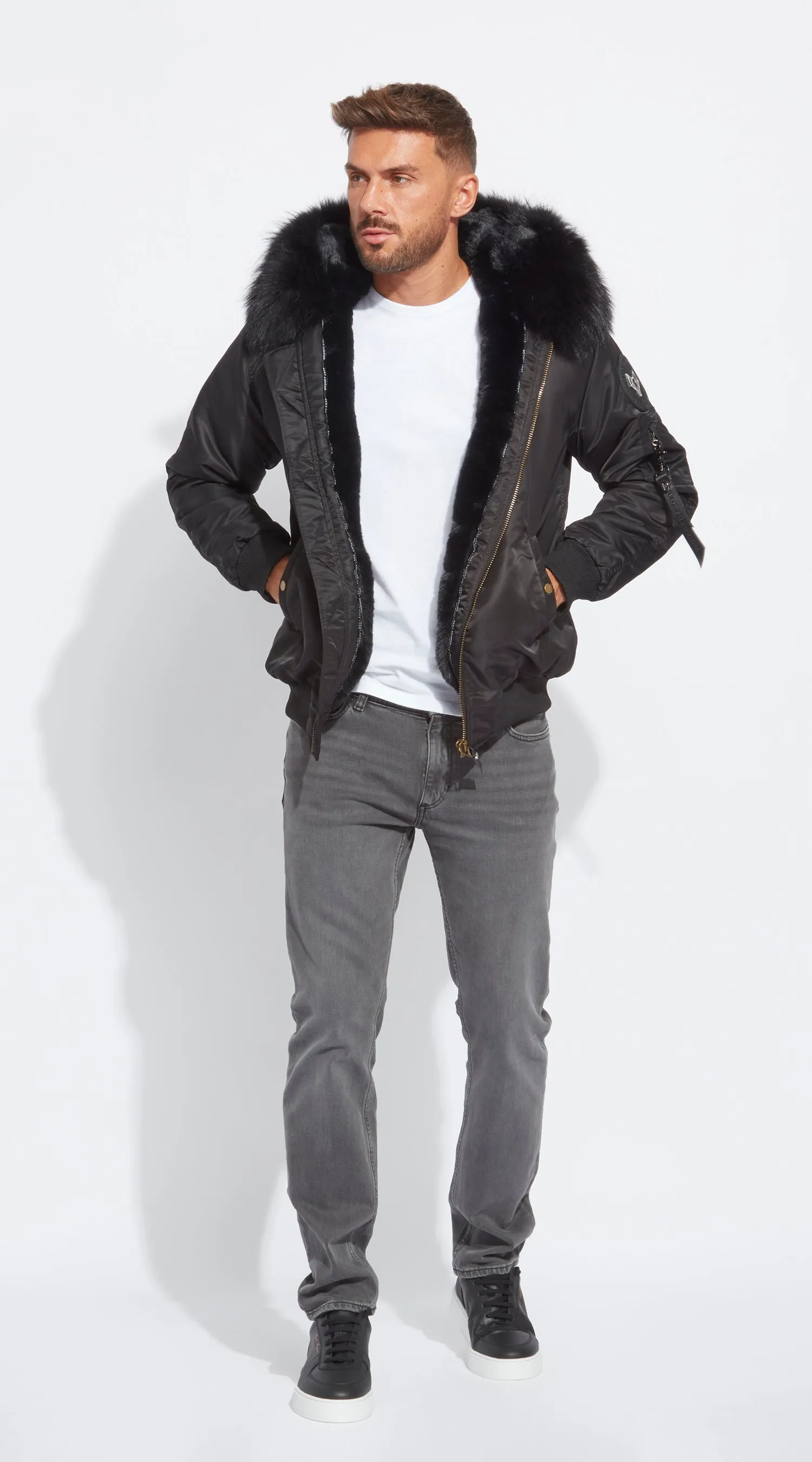 Mens Black Luxy Fur Bomber - Black