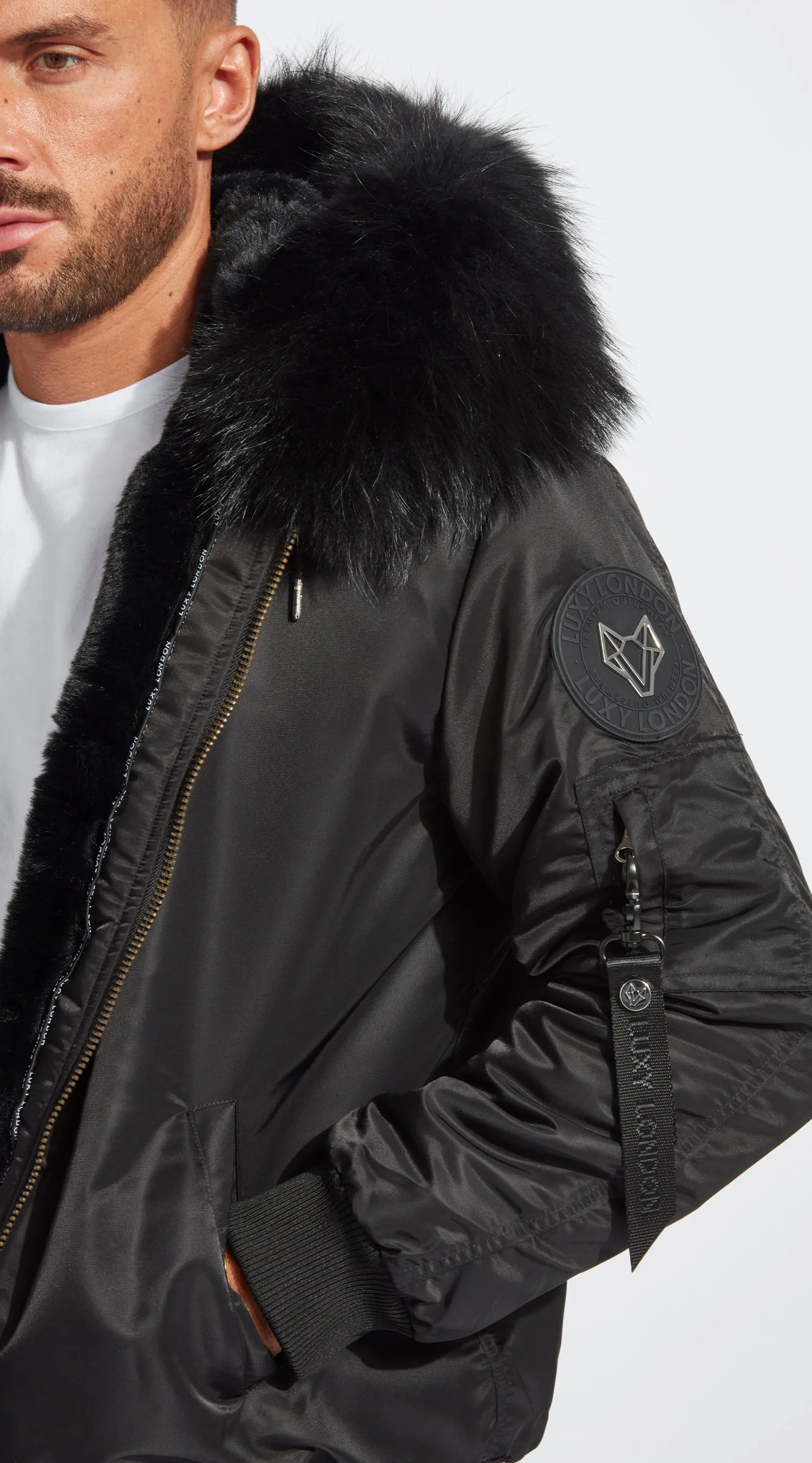 Mens Black Luxy Fur Bomber - Black