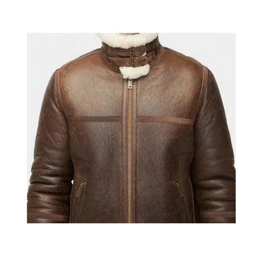 Men's Brown Aviator Shearling Leather Jacket with Wide Lapel Collar