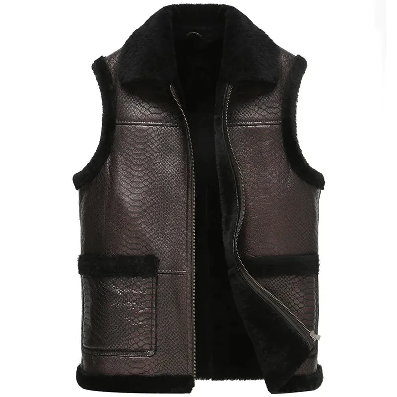 Men’s Genuine Sheepskin Leather Turn-down Fur Collar Vest Coat