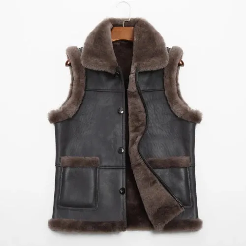 Men’s Genuine Sheepskin Leather Turn-down Fur Collar Vest Coat