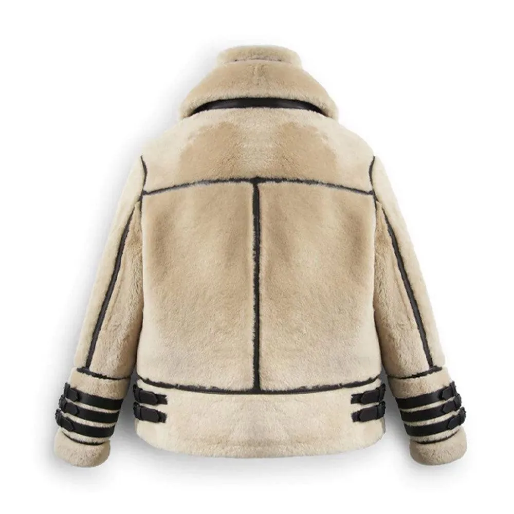 Men’s Off-White Merino Shearling Leather Jacket with Contrast Stripes