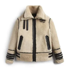 Men’s Off-White Merino Shearling Leather Jacket with Contrast Stripes