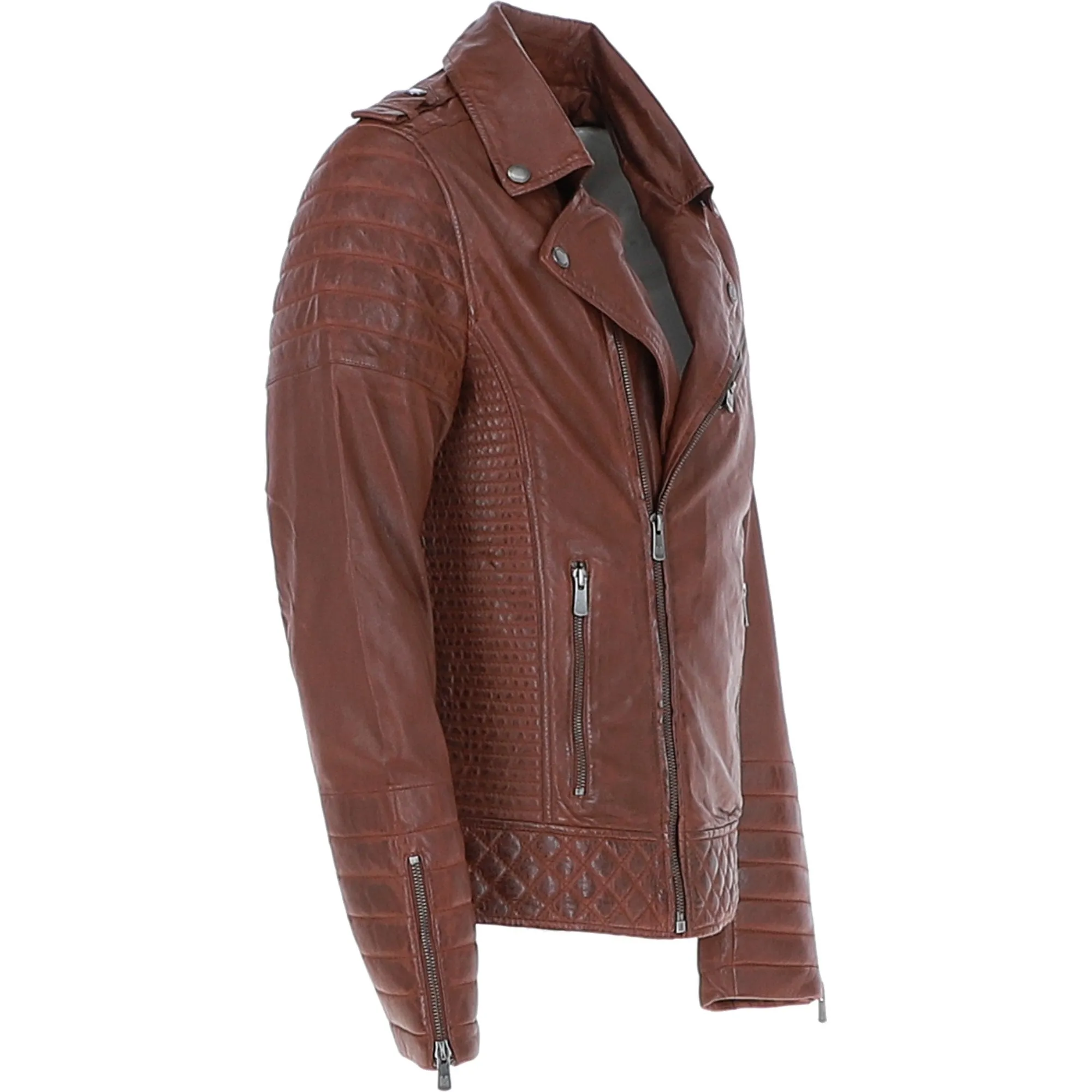 Mens Side Zip Leather Biker Jacket Cognac: Harley