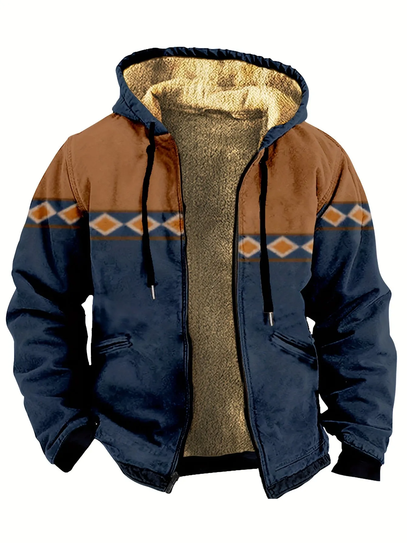 Men's Southwest Fleece Lining Thick Retro Hooded Jacket, Fleece Cold-resistant Warm Trendy Jacket For Winter