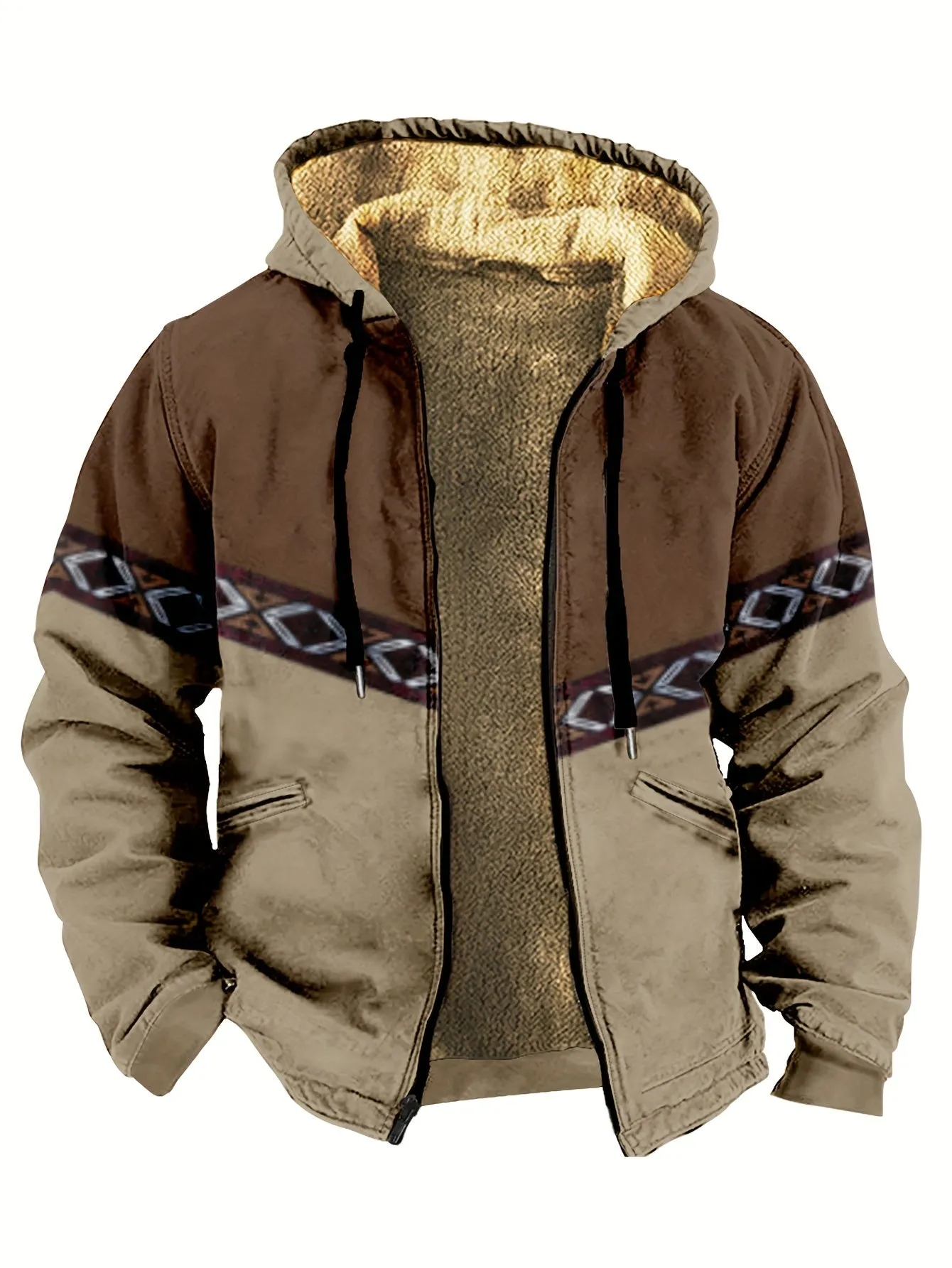 Men's Southwest Fleece Lining Thick Retro Hooded Jacket, Fleece Cold-resistant Warm Trendy Jacket For Winter