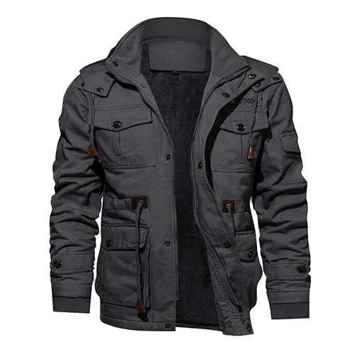 Military Thicken Large Fleece Gray Casual Hooded Pilot Cargo Cotton Jacket for Men on Clearance