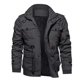 Military Thicken Large Fleece Gray Casual Hooded Pilot Cargo Cotton Jacket for Men on Clearance