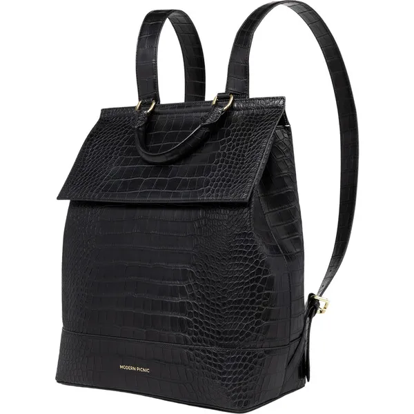 Modern Picnic Women's Faux Croc Padded Laptop Sleeve Backpack, Black