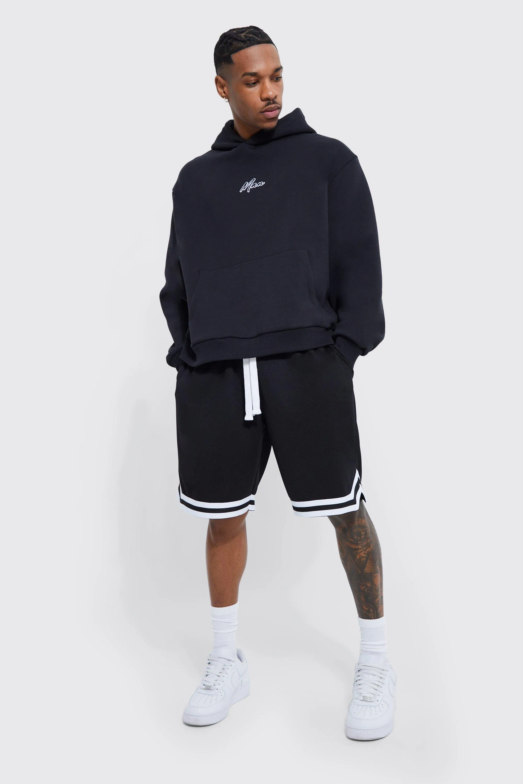 Oversized Boxy Man Hooded Mesh Short Tracksuit