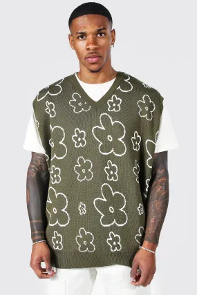 Oversized Knitted Floral Print Vest | boohooMAN UK