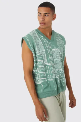 Oversized Line Graphic Knitted Vest | boohooMAN UK