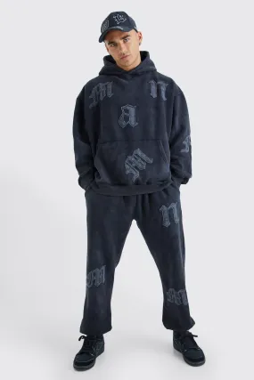 Oversized Man Acid Wash Applique Hooded Tracksuit