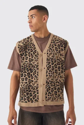 Oversized V Neck Leopard Button Through Knitted Vest | boohooMAN UK