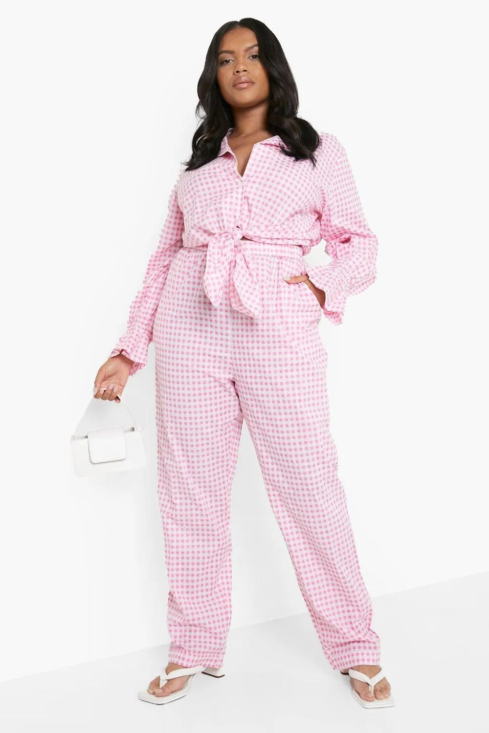 Plus Gingham Check Tie Shirt & Trousers Pyjama Set