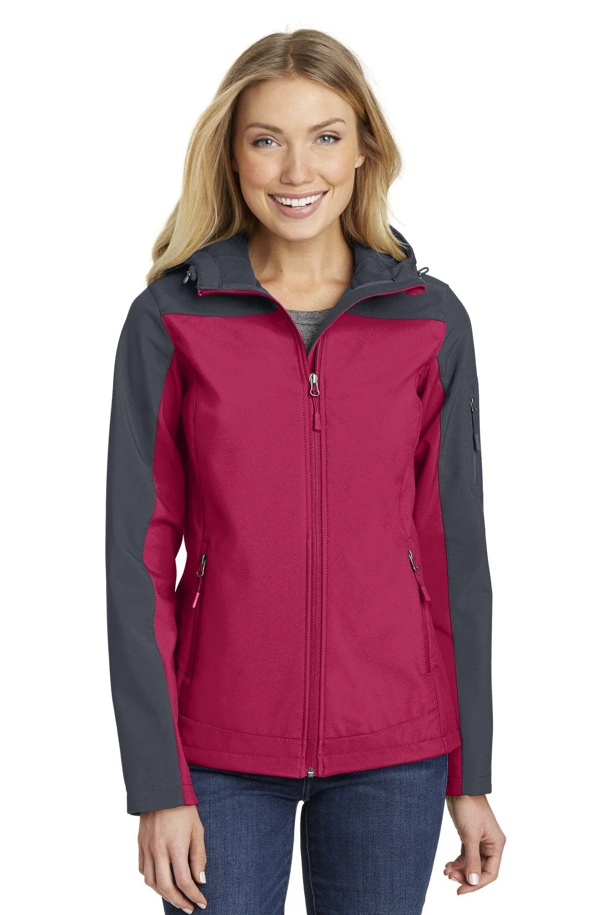 Port Authority Ladies Hooded Core Soft Shell Jacket L335 Dark Fuchsia/ Battleship Grey