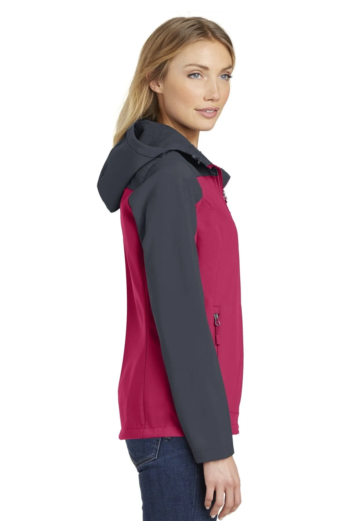 Port Authority Ladies Hooded Core Soft Shell Jacket L335 Dark Fuchsia/ Battleship Grey