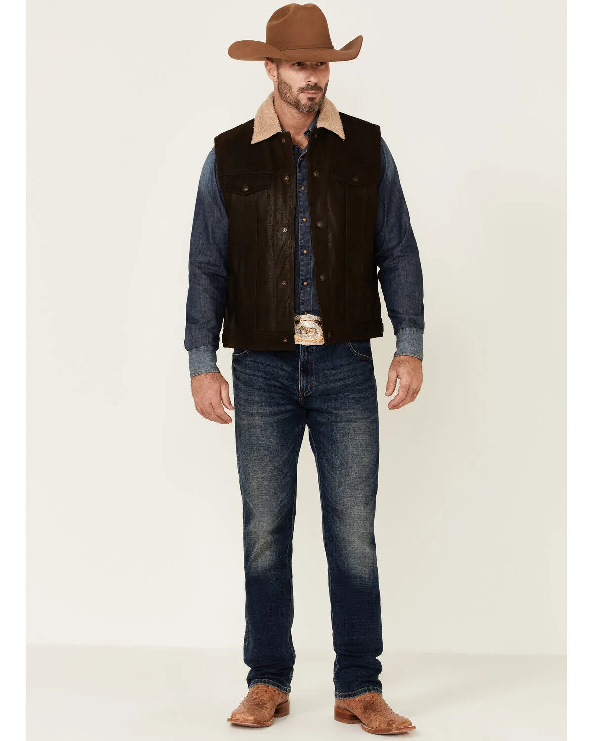 Product Name:  Cripple Creek Men's Mocha Lightweight Buffalo Nappa Snap-Front Leather Vest