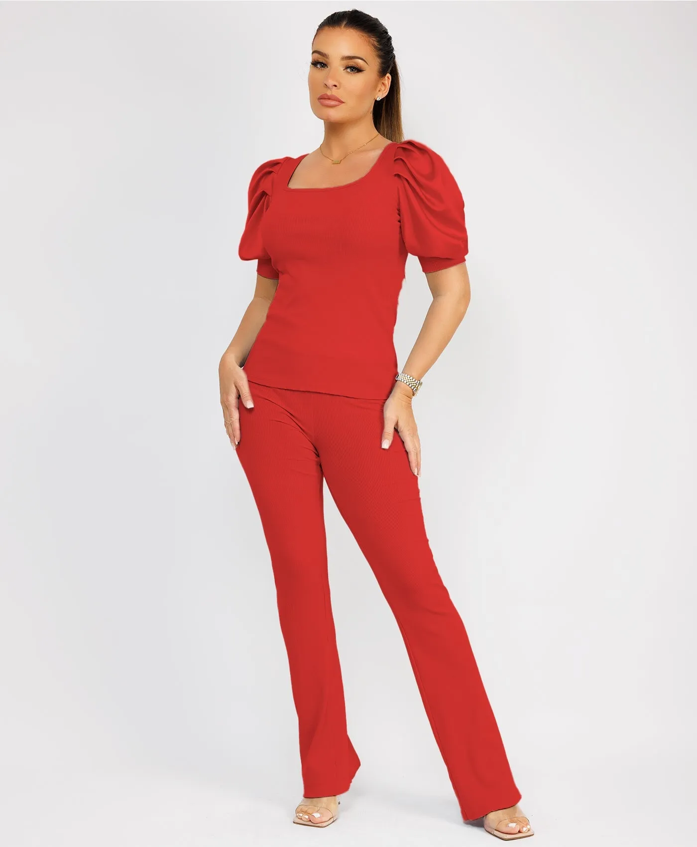 Red Satin Frill Puff Ribbed Top And Trousers Loungewear Set