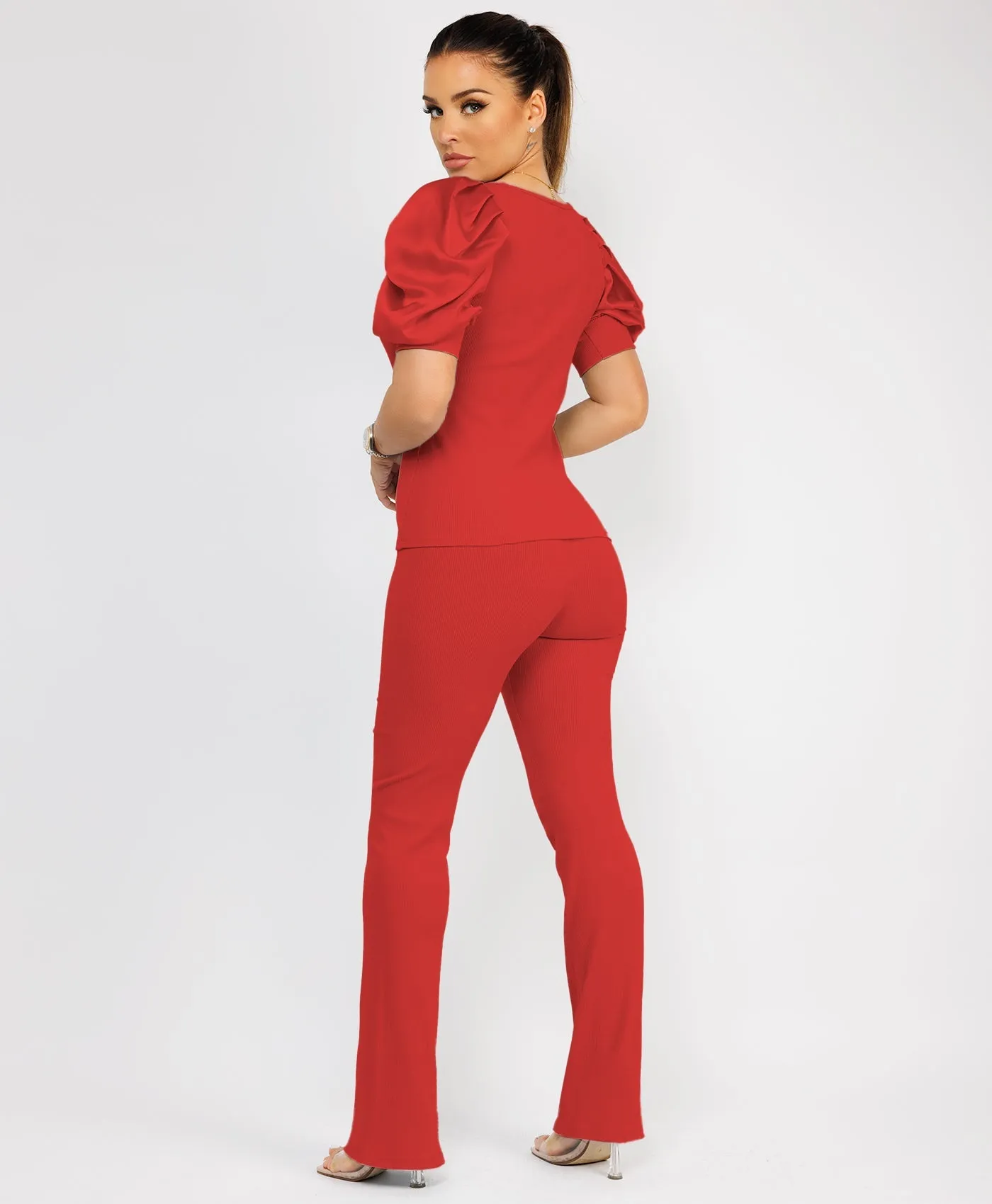 Red Satin Frill Puff Ribbed Top And Trousers Loungewear Set