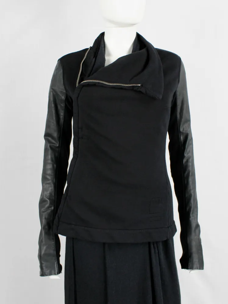 Rick Owens DRKSHDW black minimal sweatshirt jacket with leather sleeves