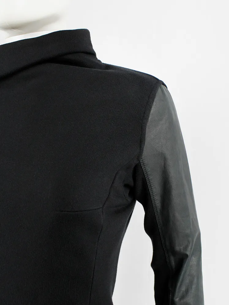 Rick Owens DRKSHDW black minimal sweatshirt jacket with leather sleeves