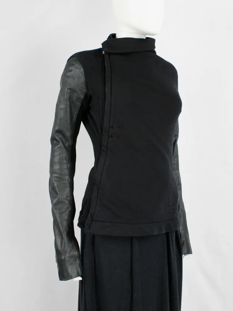 Rick Owens DRKSHDW black minimal sweatshirt jacket with leather sleeves