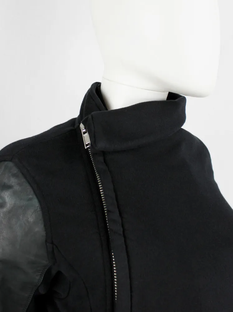 Rick Owens DRKSHDW black minimal sweatshirt jacket with leather sleeves