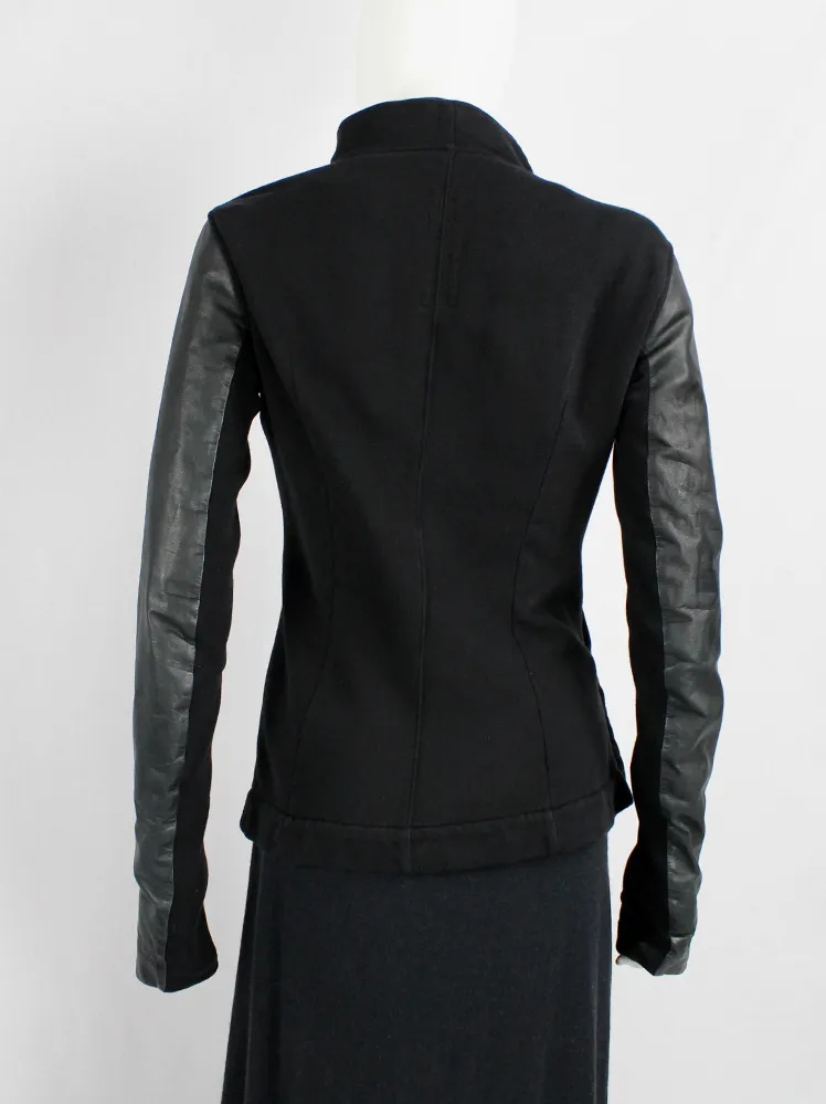 Rick Owens DRKSHDW black minimal sweatshirt jacket with leather sleeves