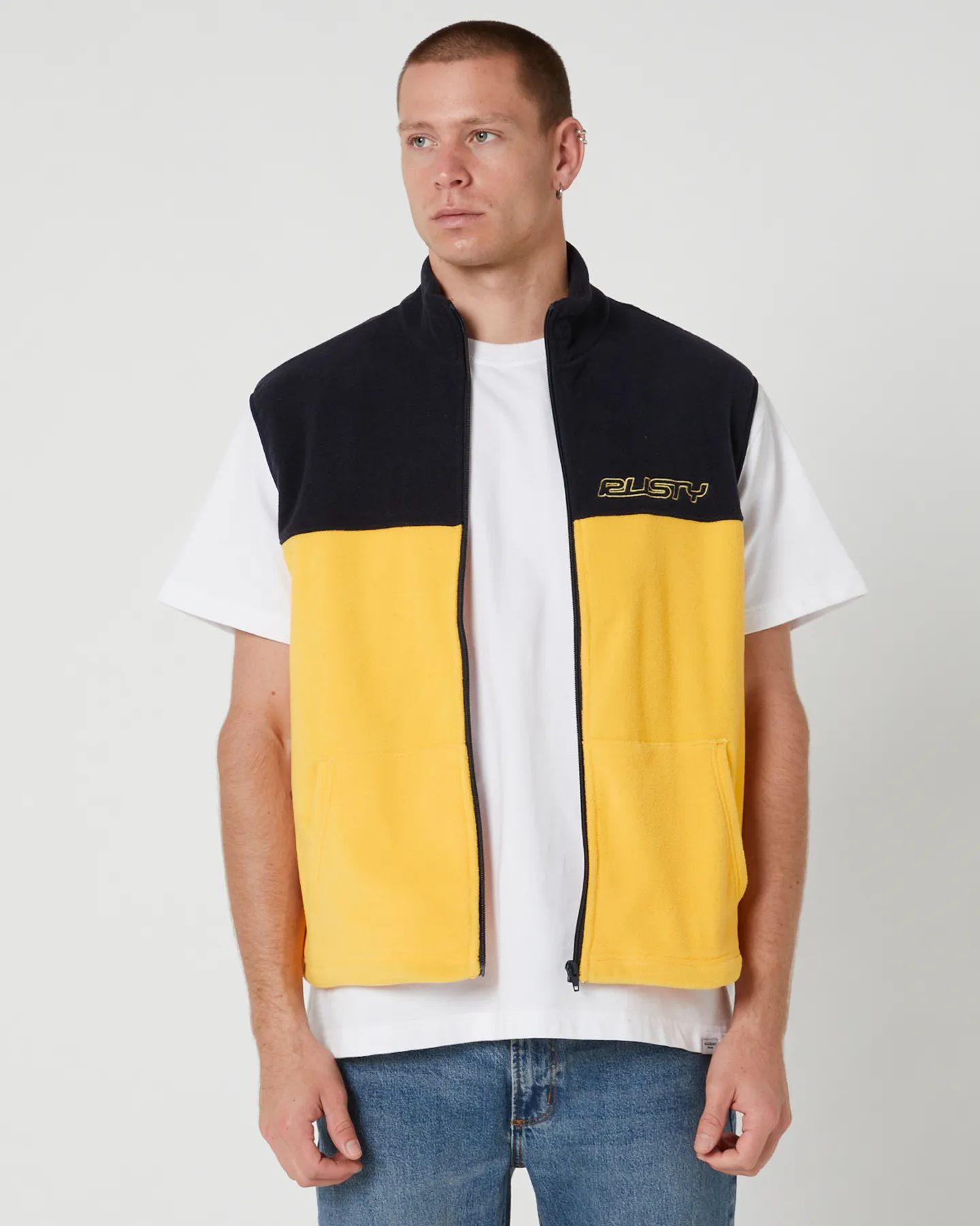 Rusty Tasty Ice Polar Fleece Vest - Yellow/Navy | SurfStitch