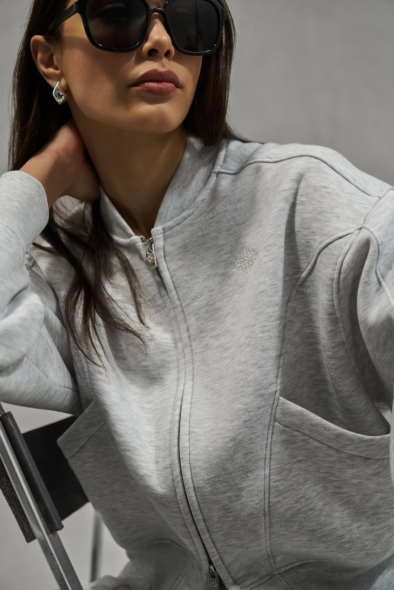 SEAM DETAIL OVERSIZED ZIP THROUGH BOMBER - GREY MARL