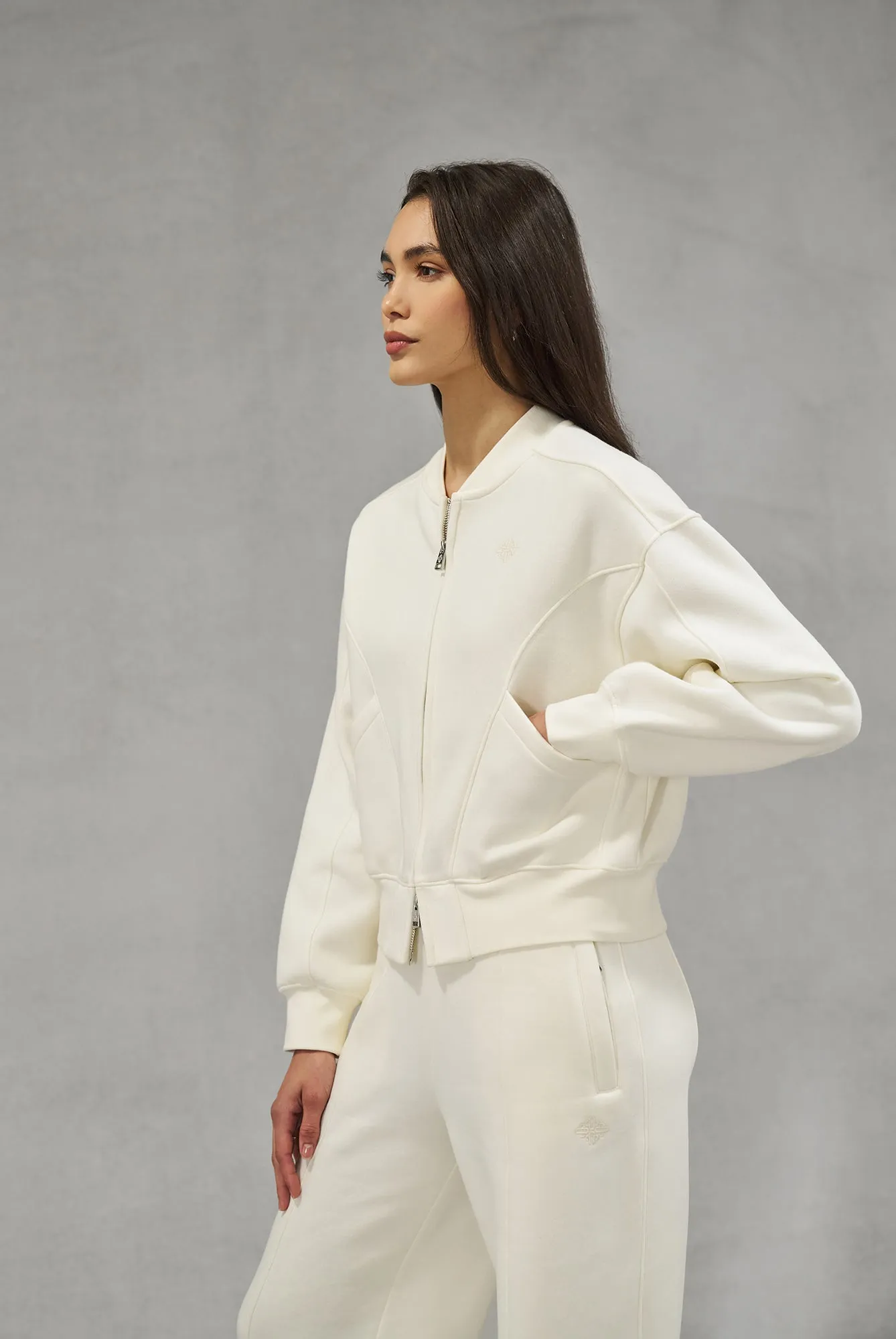 SEAM DETAIL OVERSIZED ZIP THROUGH BOMBER - OFF WHITE