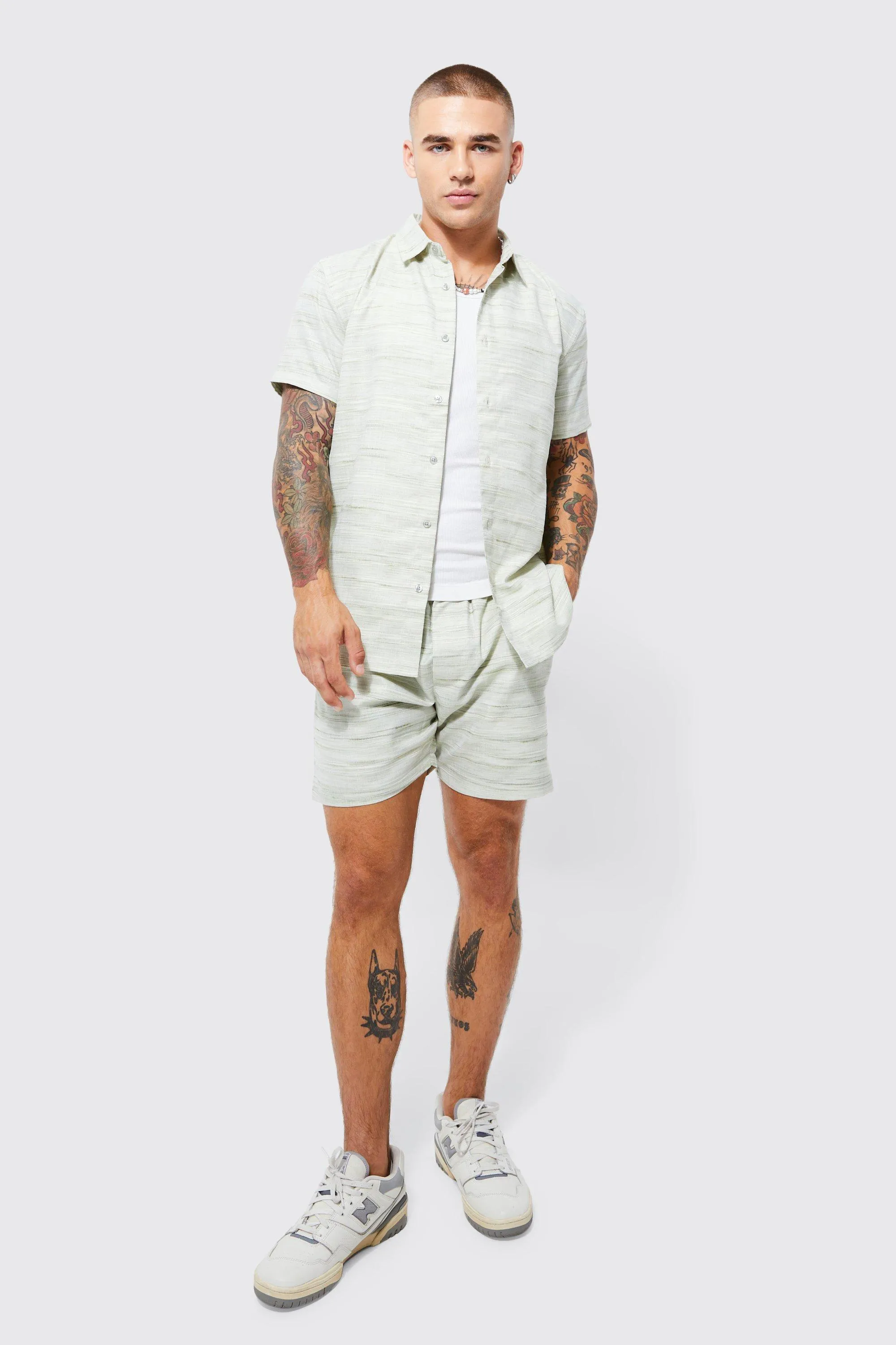 Short Sleeve Contrast Linen Slub Shirt & Short | boohooMAN UK