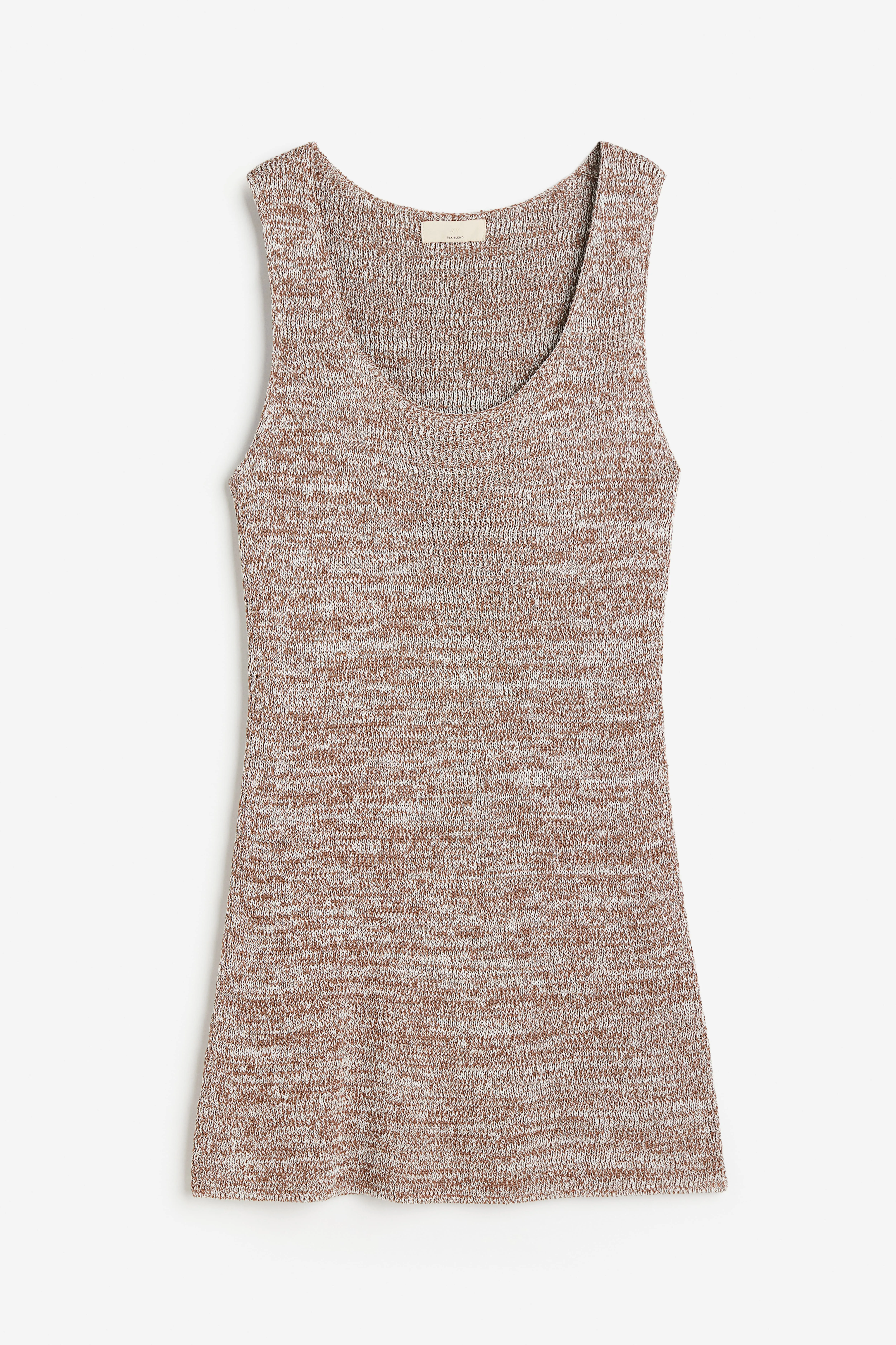 Silk-blend knitted vest top - Deep neckline - Sleeveless - Brown marl - Ladies | H&M GB