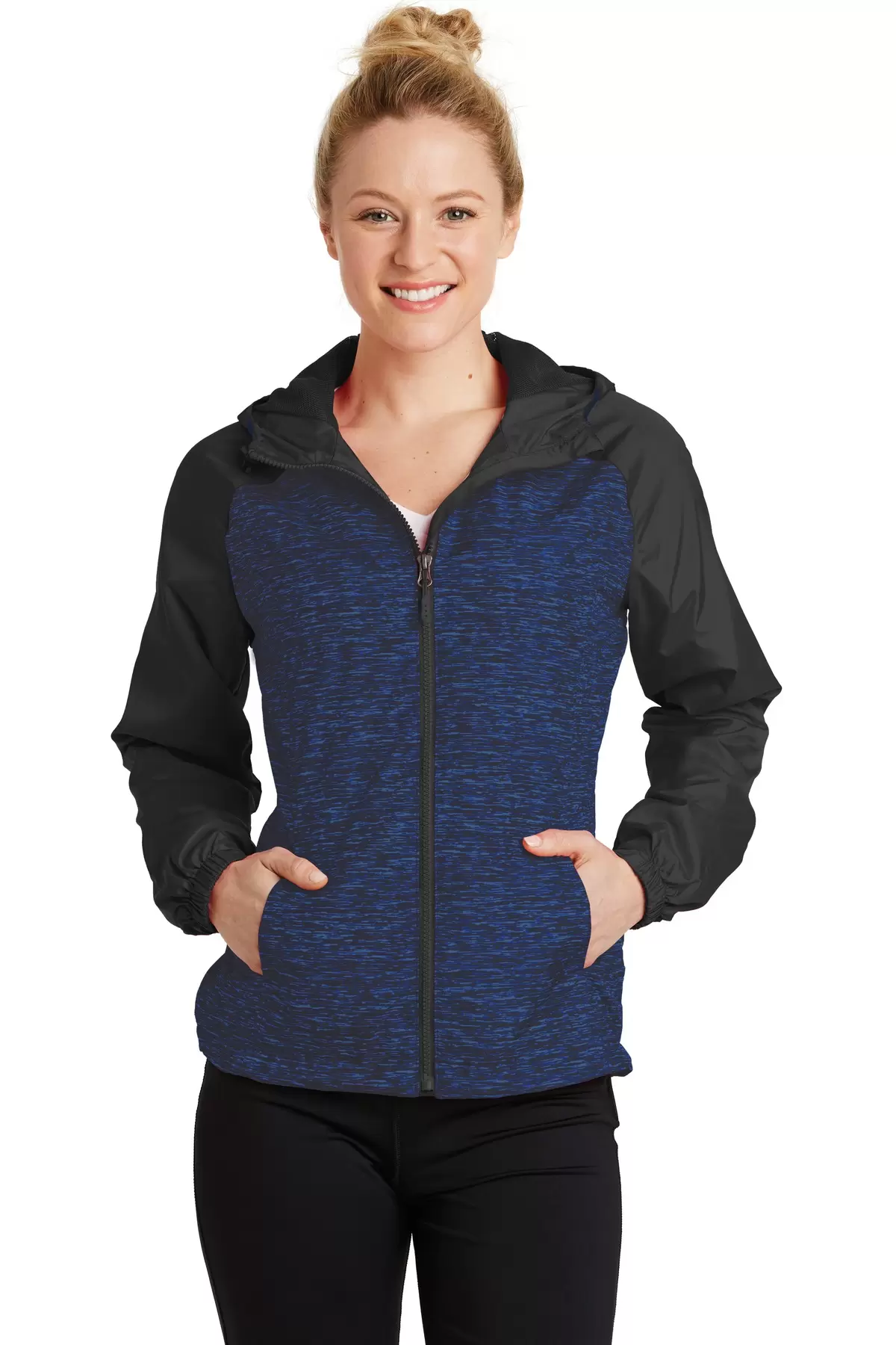 Sport Tek LST40 Sport-Tek Ladies Heather Colorblock Raglan Hooded Wind Jacket SKU: LST40