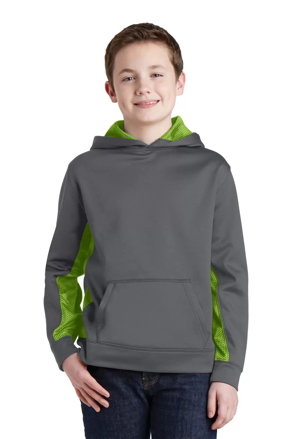 Sport Tek YST239 Sport-Tek Youth Sport-Wick CamoHex Fleece Colorblock Hooded Pullover SKU: YST239