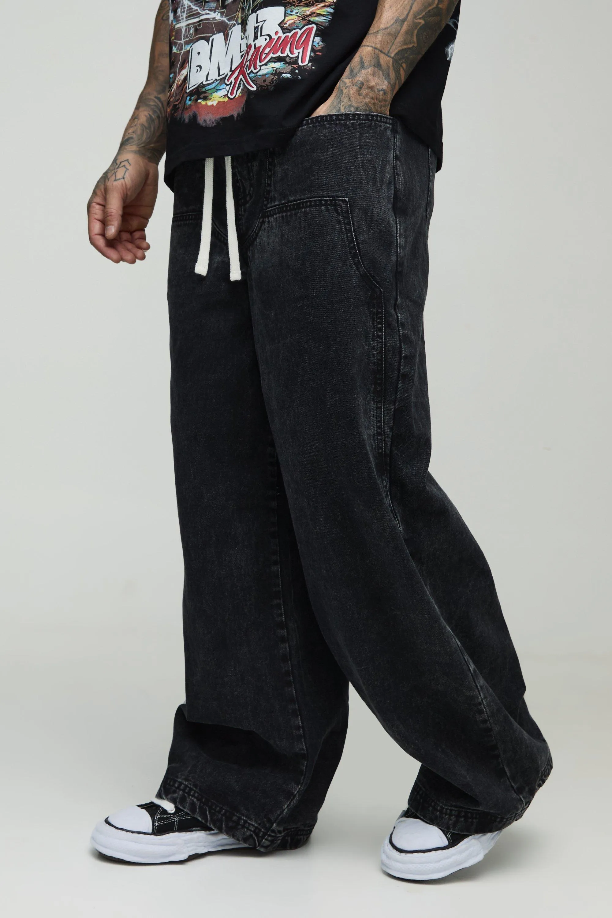 Tall Acid Wash Parachute Fit Elasticated Waist Carpenter Trousers