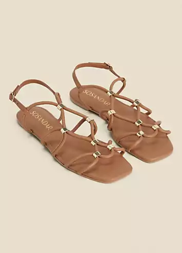 Tan Leather Gold Trim Gladiator Sandals by Sosandar | Look Again