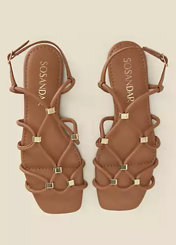 Tan Leather Gold Trim Gladiator Sandals by Sosandar | Look Again