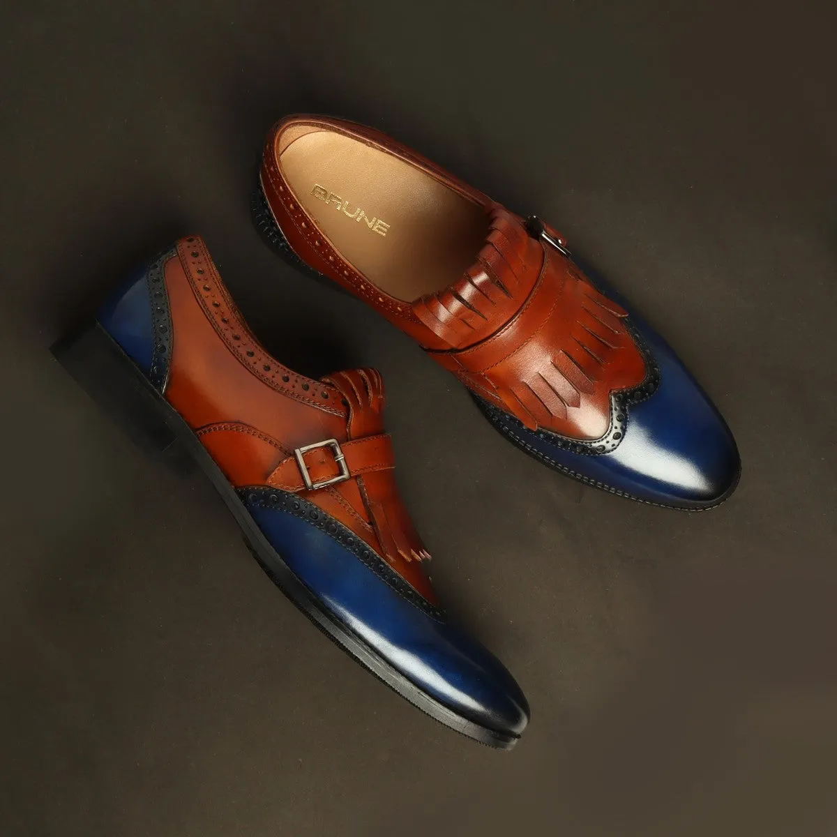 Tan/Blue Leather Fringed Single Monk Strap Shoes By Brune & Bareskin