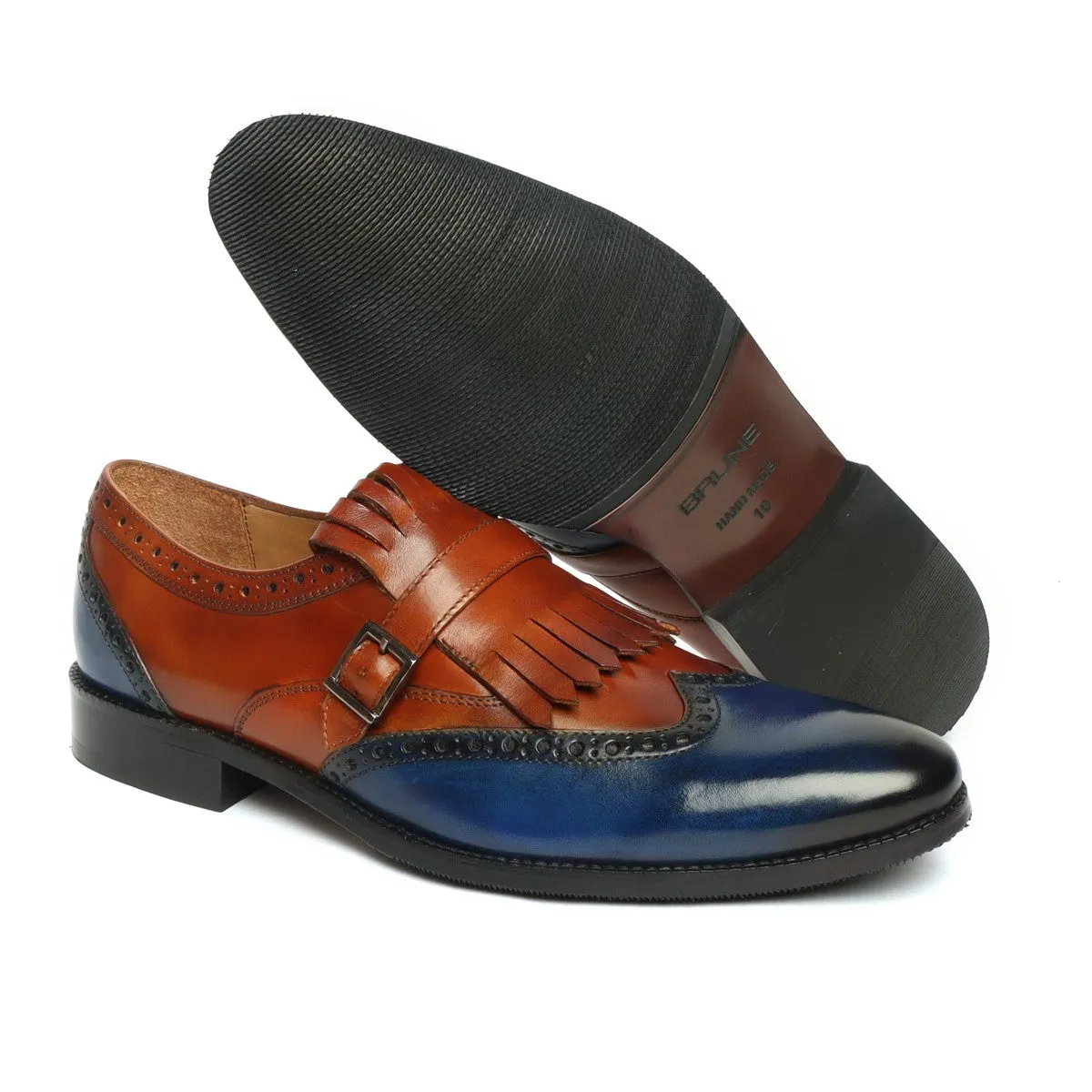 Tan/Blue Leather Fringed Single Monk Strap Shoes By Brune & Bareskin