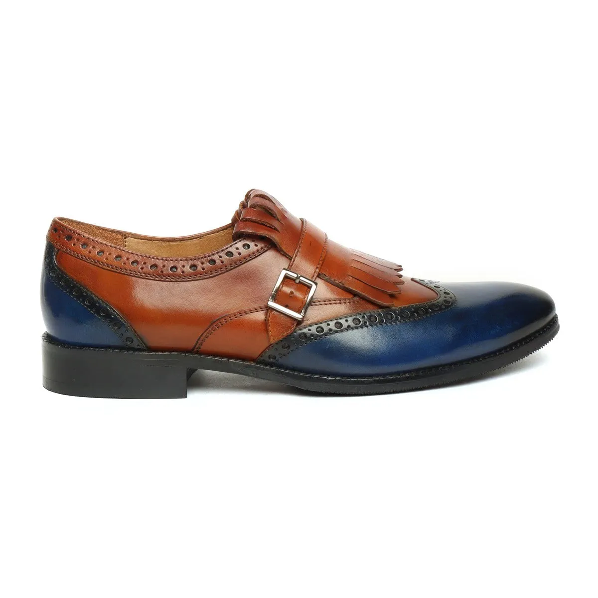 Tan/Blue Leather Fringed Single Monk Strap Shoes By Brune & Bareskin