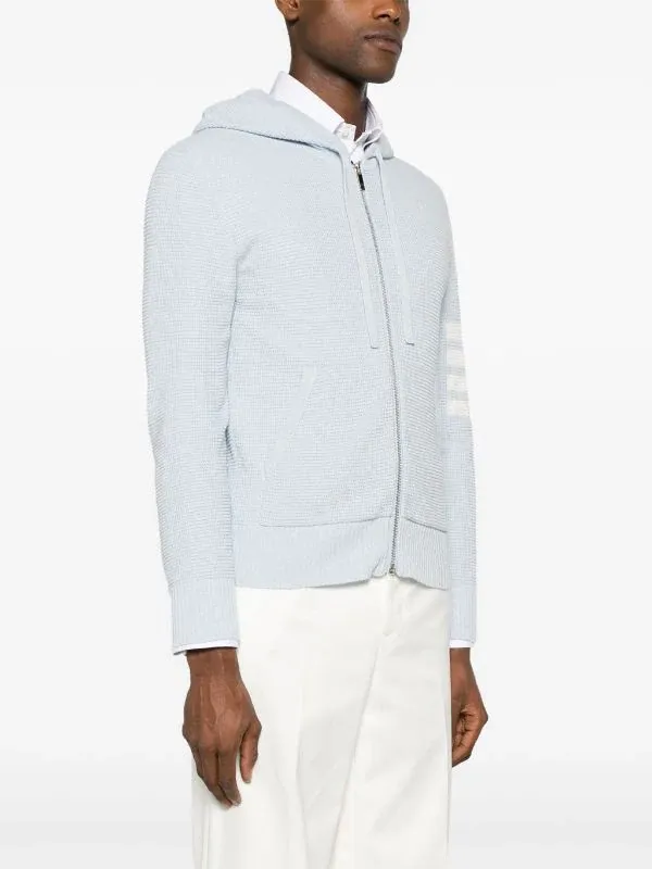 THOM BROWNE - Men Textured Stitch Relaxed Fit Zip Up Hoodie In Linen Cotton Blend W/4 Bar Stripes Intarsia