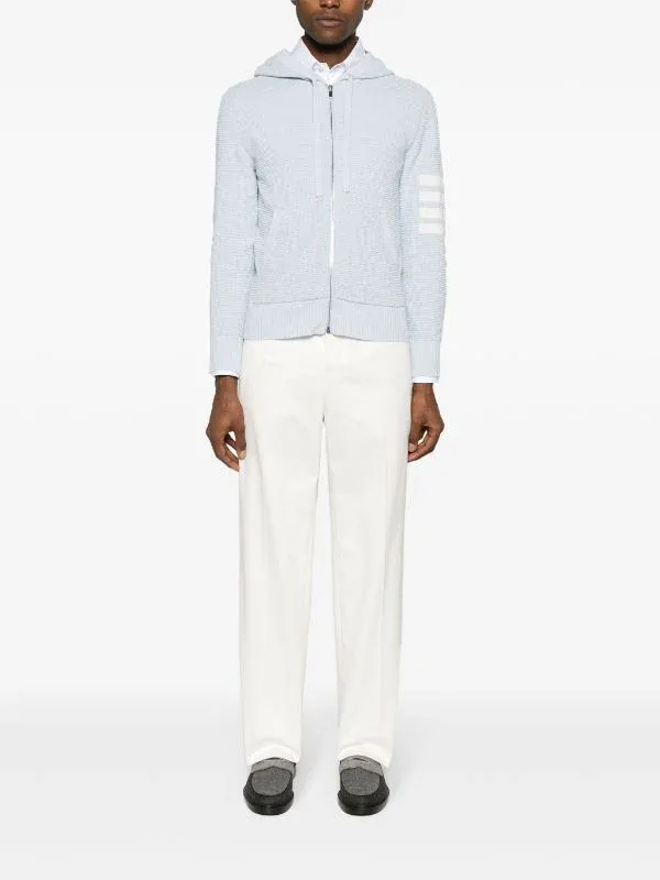 THOM BROWNE - Men Textured Stitch Relaxed Fit Zip Up Hoodie In Linen Cotton Blend W/4 Bar Stripes Intarsia