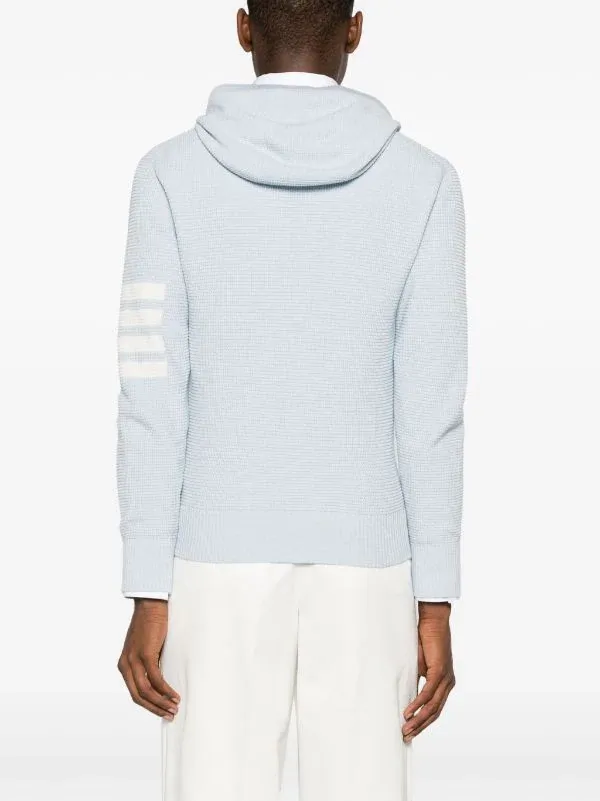 THOM BROWNE - Men Textured Stitch Relaxed Fit Zip Up Hoodie In Linen Cotton Blend W/4 Bar Stripes Intarsia